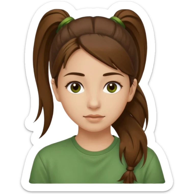 Make a zumba coach emoji, brown eyes, brown hair girl, green shirt withe "the roots" on it, longer pony tail hair sticker