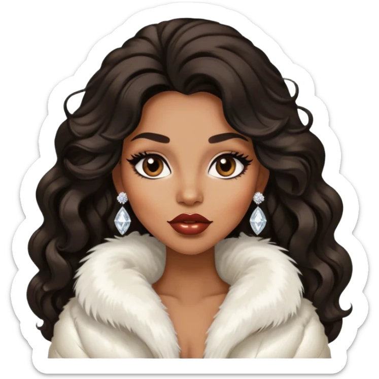 light brown skin tone, very beautiful woman, with big plump lips, long long lashes, black wavy long hair, brown eyes, white fur jacket, diamond earrings sticker