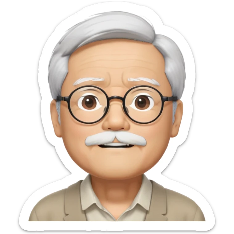 _cinematic-realistic-portrait-of-hayao-miyazaki,-depicted-with--large-rectangular-glasses,-his-happy-expression-rendered-in-lifelike-detail,-illuminated-with-soft,-realistic-lighting-that-emphasizes-his-creative-genius, his eyes shut  and big bushy black eyebrows sticker