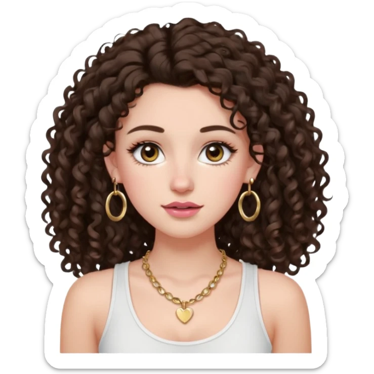 white girl with long dark brown curly hair with a little volume wearing a white tank top. Blush on the cheeks and big eyelashes and a brown-pink lip combo. gold hoops as earrings(medium size)  and a small gold hoop for a nose ring  and a square small denty gold necklace  sticker