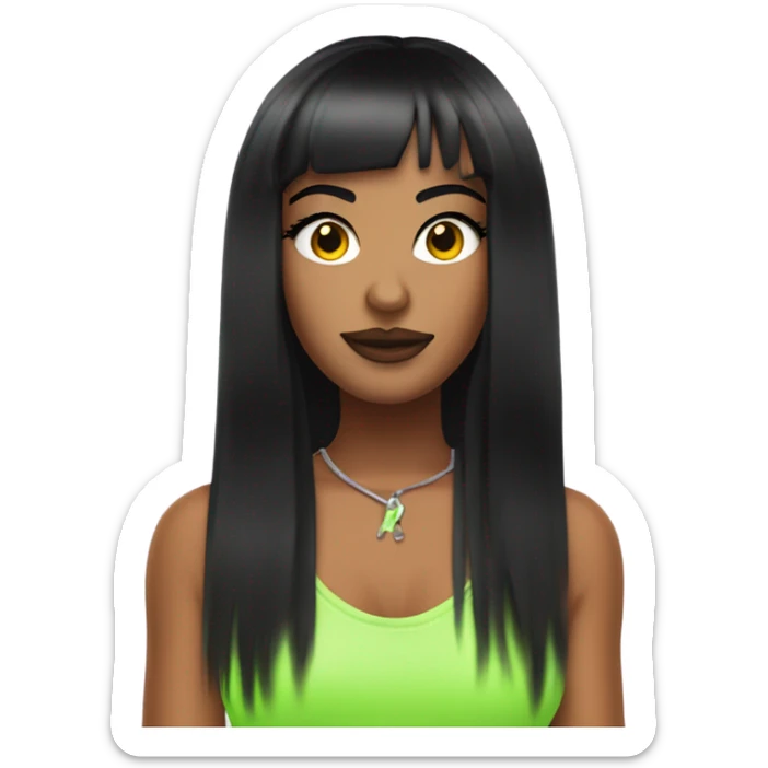 Tanned woman with long black hair dressed in Y2K hip hop hair, makeup, and neon attire sticker