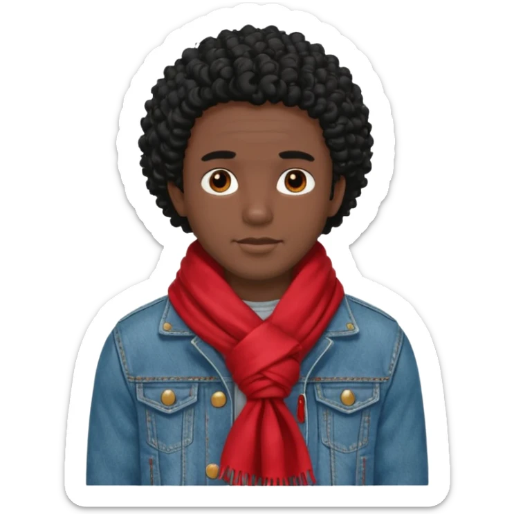 black skin man, curly black hair wear big red scraft, jean jacket sticker