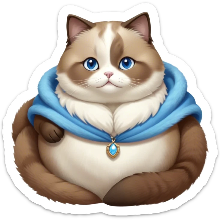 Cinematic Cute Chubby Brown Mantle Snowshoe Cat Portrait Emoji, Round and plump body, soft brown fur draped over its back like a luxurious coat, contrasted by fluffy white paws, chest, and an adorably chubby face, big, sparkling icy-blue eyes, Simplified yet irresistibly adorable features, highly detailed, glowing with a warm, cozy glow, high shine, curious yet calm, stylized with a touch of whimsy, bright and endearing, soft glowing outline, capturing the essence of a mischievous yet lazy and lovable kitty, so cuddly it feels like it could waddle right out of the screen for a snuggle! sticker