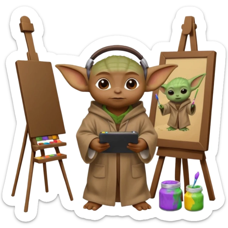 Baby Yoda in his brown robe listening music on his headphones, painting a picture on an easel and surrounded by paint pots. sticker