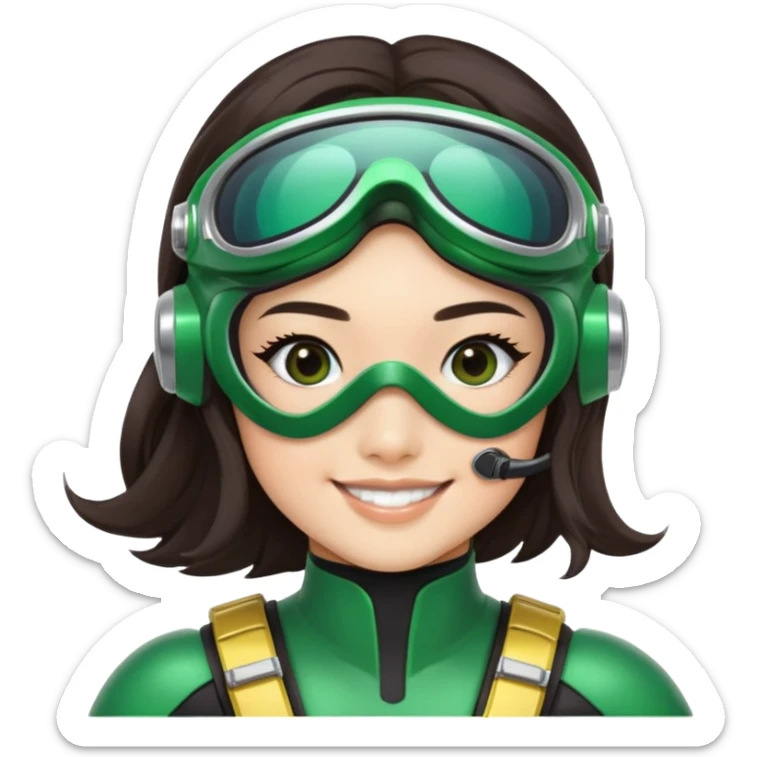 green Power Ranger, Asian girl with long, less wavy dark brown hair, side parting, smiling, wearing scuba goggles sticker