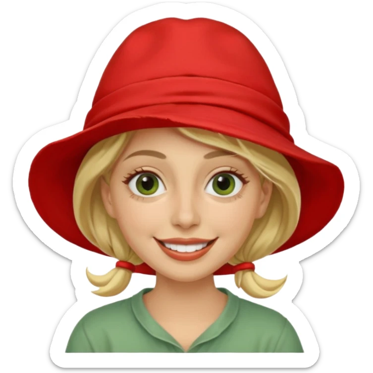 messy green clay mask and red tourist hat blond braided woman big eyes smiling and clay mask on face sticker