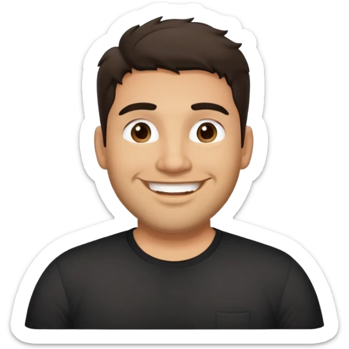 Hombre ancho, cuerpo grande, latino piel canela, cara redonda-ancha, scruff sin barba completa, cejas gruesas, pelo oscuro ondulado flat largo hasta el cuello. Sonrisa amplia, expresión alegre. Camisa negra. Size large.  sticker