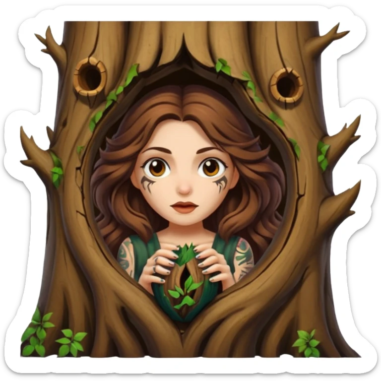 ute forest witch woman long wavy brown hair tattoos peeking from tree hollow sticker