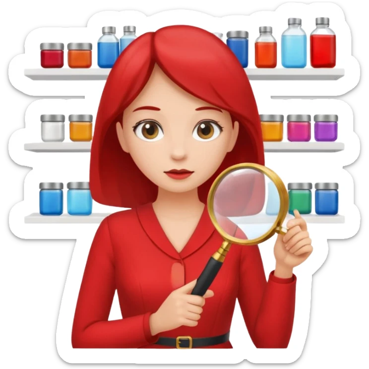 white empty shelf in perspective view with a standing woman nearby, she is looking at the shelfs with a magnifying glass, she is turned to the shelfs, woman wearing a red dress sticker