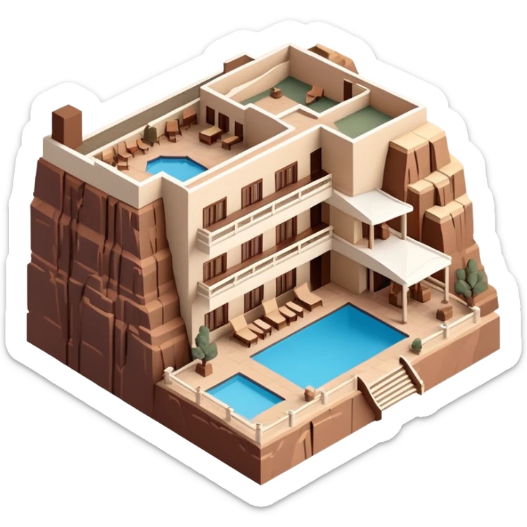 Isometric exterior brown and beige Grand Canyon national park hotel lodge, dollhouse style 3D realistic  sticker
