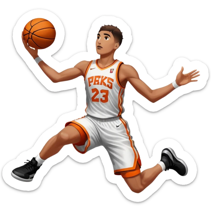 An icon showing a close-up of a basketball player in mid-air, performing an impressive dunk, inspired by NBA 2K25. The player is focused, with the ball in hand and the court in the background. Bright lights emphasize the action and excitement. Transparent background. sticker