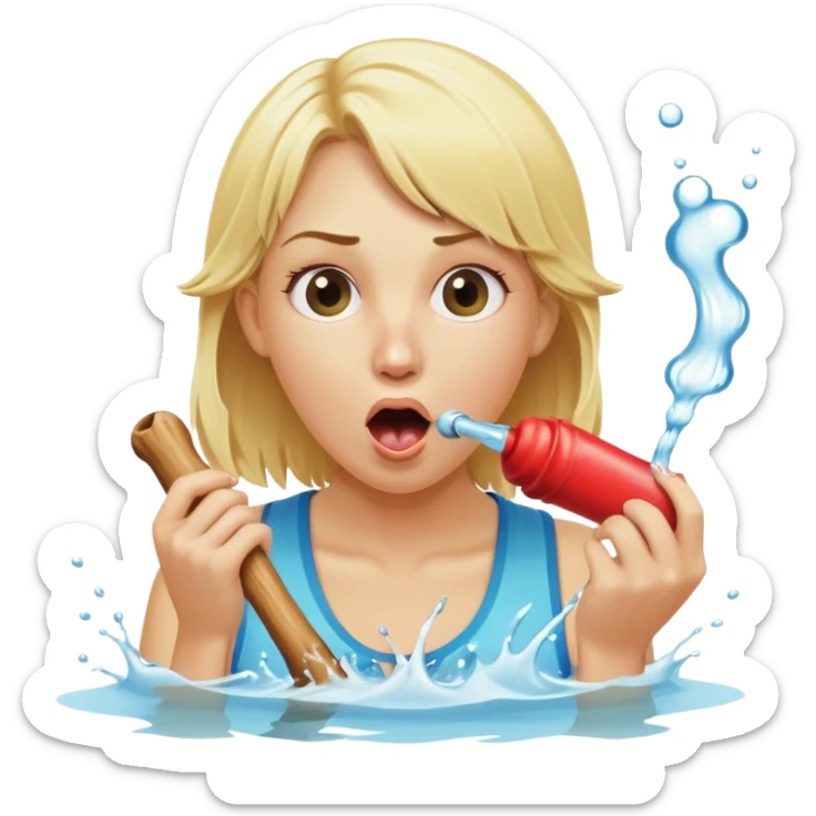 blond woman eating a wide stick the same color as her skin, with a round knob on the edge, water stream squirting directly from the knob into her open mouth, surprised expression sticker