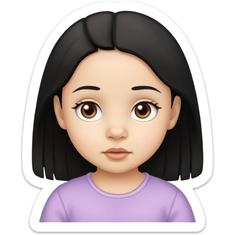 Uma bebê menina de pele clara e olhos castanhos, cabelo preto, nariz fino sticker