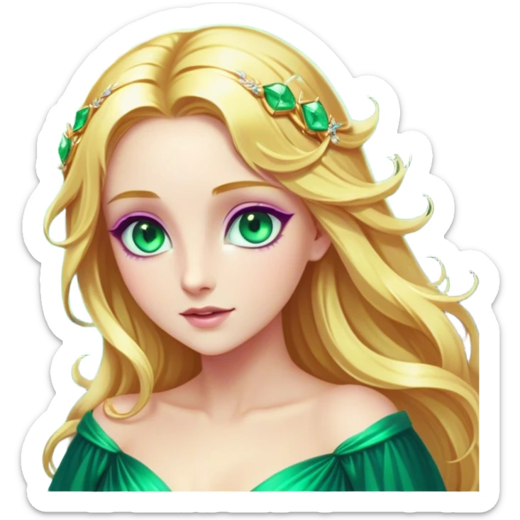 Cinematic Stunning Rapunzel Portrait Emoji, Golden hair cascading in a luminous waterfall, big emerald-green eyes full of wonder, wearing her iconic purple gown, radiating beauty and magic, glowing with fairy-tale charm! sticker