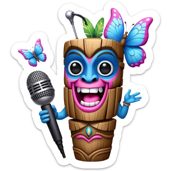 Cartoon Blue and pink tiki singing with butterfly and in the mikrophone sticker