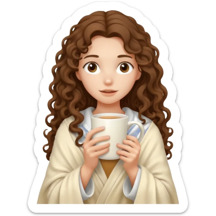 a slender girl with fair skin with long curly brown hair her shoulders are covered with a cream blanket in her hands a white mug her face is calm sticker