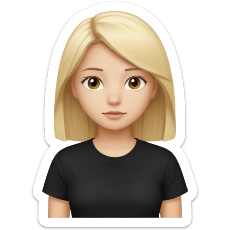 girl with blonde straight hair, brown eyes, wearing black t-shirt sticker