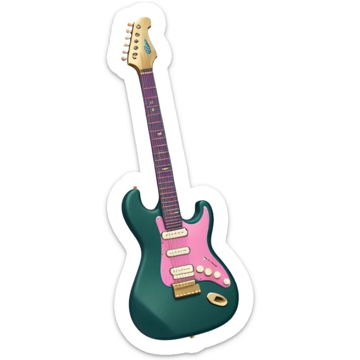 minimalist electric guitar in dark green with pink and blue stripe decal, closed inside a black rectangular hard case with gold latches, flat semi-3D style, soft matte textures, simplified details, stylized decal accent sticker