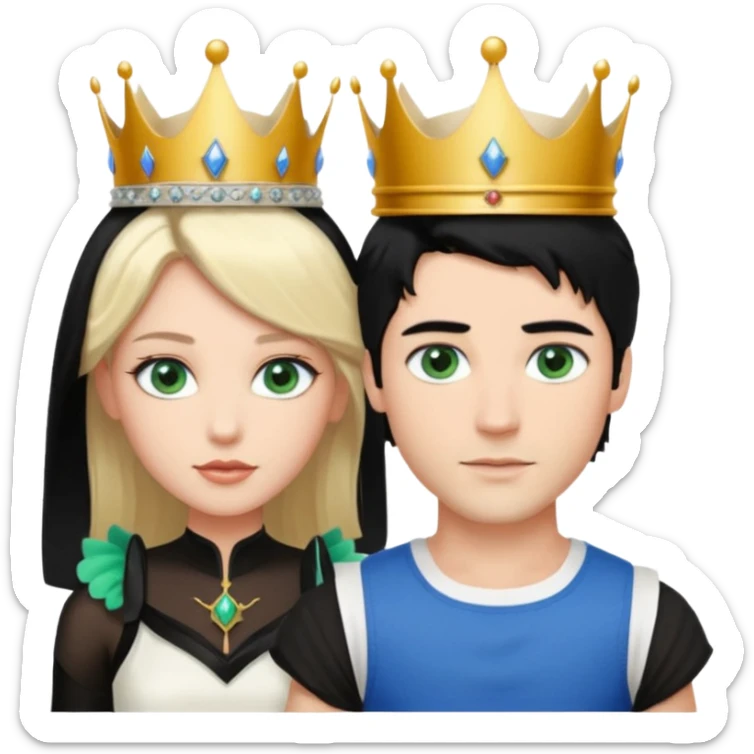 Prince with crown, black hair, blue eyes, woman blonde hair, green eyes, sexy white short sleveless dress,  sticker