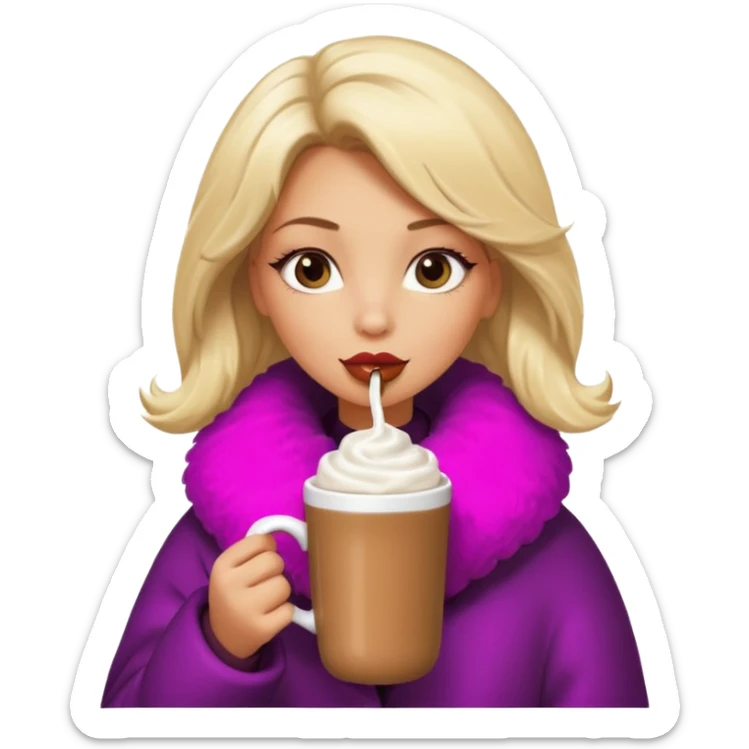 Tanned Girl with lashes , blonde hair, in an extremely big fluffy oversized coat and hold hot chocolate drink and vertically short eyes , big lip sticker