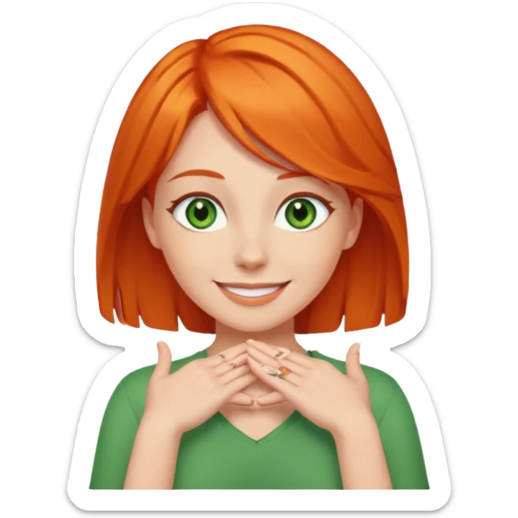 woman with green eyes and orange hair putting her pis on her shoulders (pose) happily  sticker