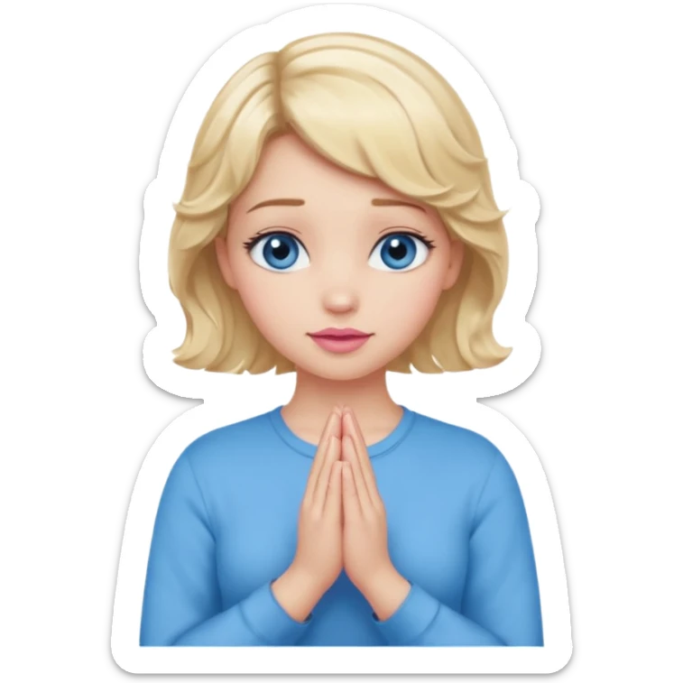 Girl Blonde short wavy hair,  blue eyes, cute blue top, long lashes, pink lips, praying hands sticker