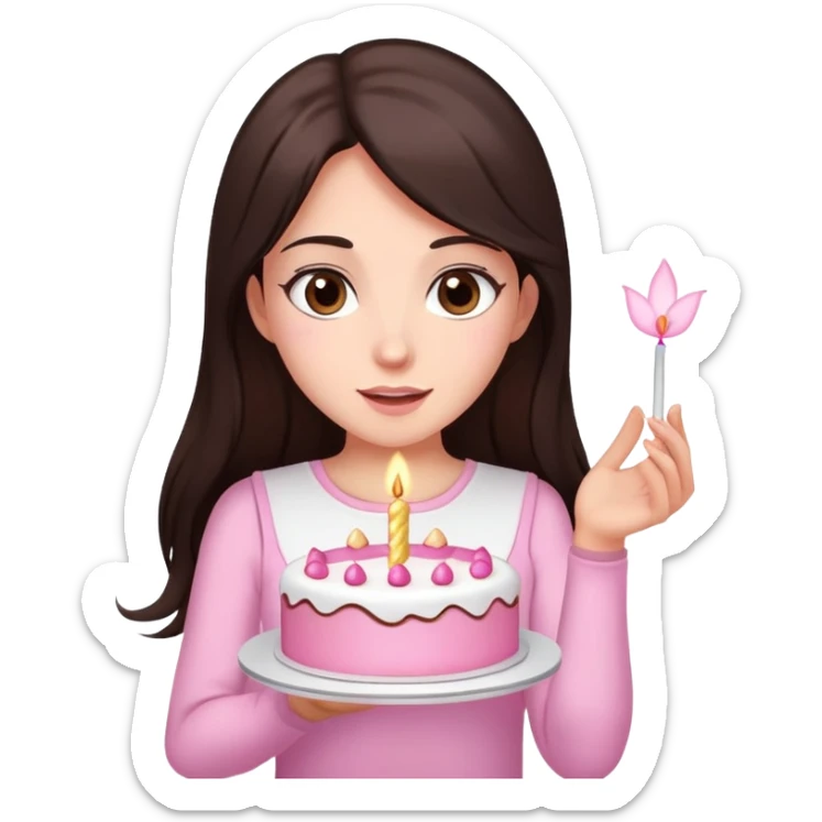 A woman with dark brown long hair, with brown eyes,in some cute white top , on her hands a pink cake and she making the wish sticker
