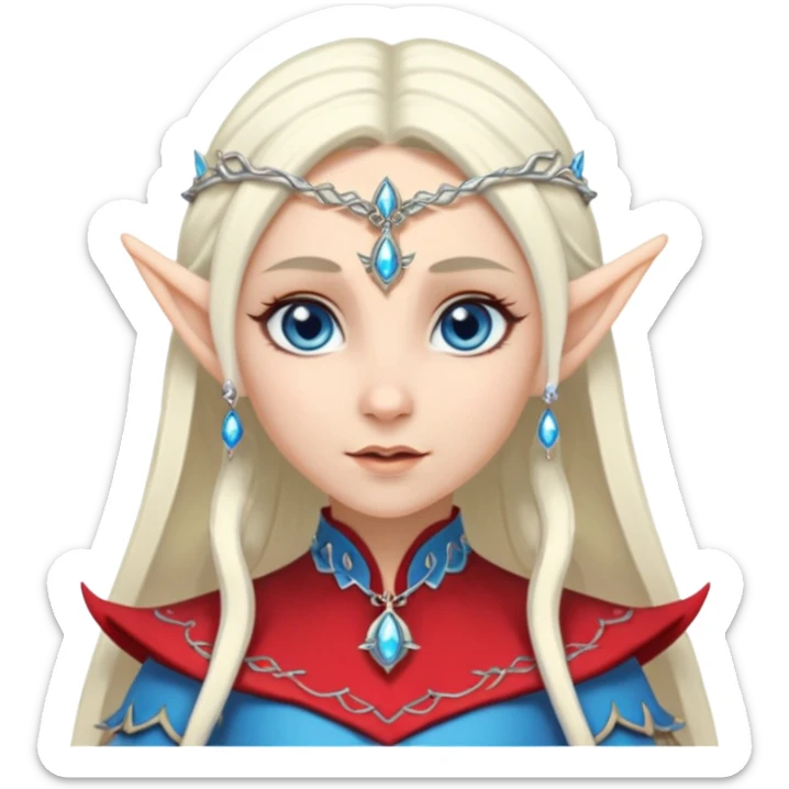 elf princess with pointy ears, white skin, silverblond hair with jewellery, blue eyes sticker