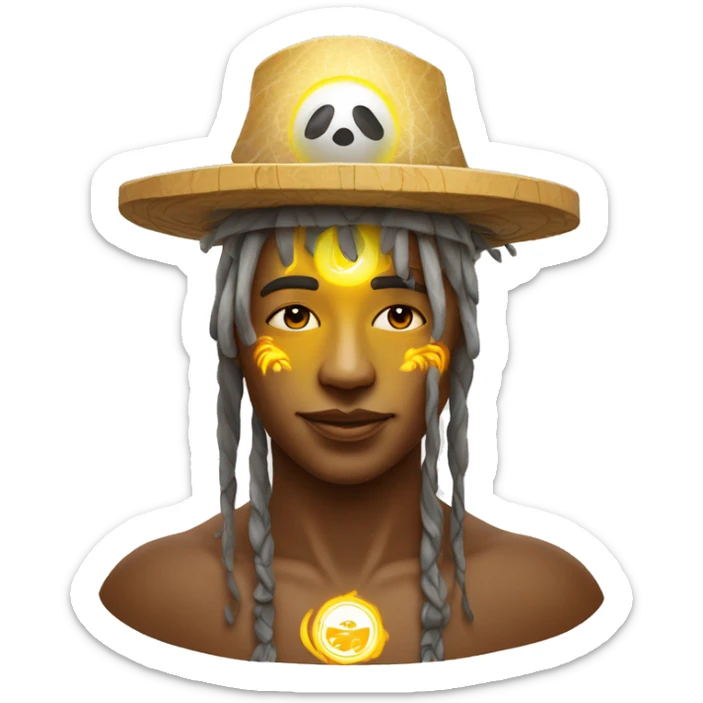 Shamanic rituals for influencing weather, shaman wearing belgian soccer team bucket hat, sun is shining sticker