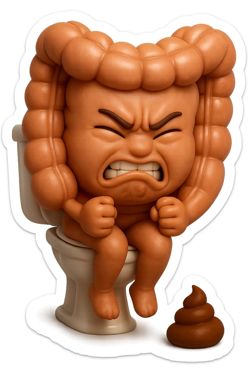 SU QUESTO STILE FAI UN EMOJI STILE IPHONE 3D DI UN INTESTINO CHE sta seduto sul wc e davanti ha una montagnetta di feci a palline stile emoji iphone, fallo senza naso e FAGLI UN ESPRESSIONE di dolore mentre si sforza E FALLO MOLTO REALISTICO IN 3D sticker