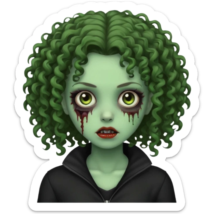 Brunette zombie girl in horror zombie green With curly hair and black clothes  sticker