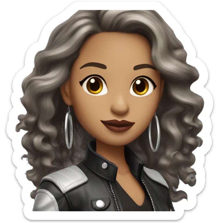 Light skin Glamour brunette in leather jacket long wavy dark hair and silver hoop earrings sticker