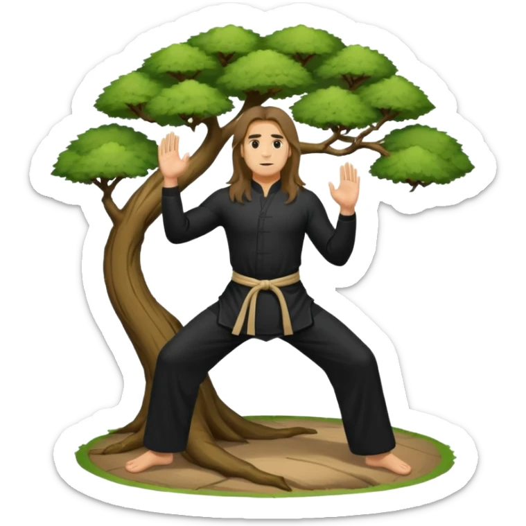 pratiquant de qi gong, homme aux cheveux long, en position de l'arbre, en tenue noire ou blanche. L'image ne contiendra pas d'arbre sticker