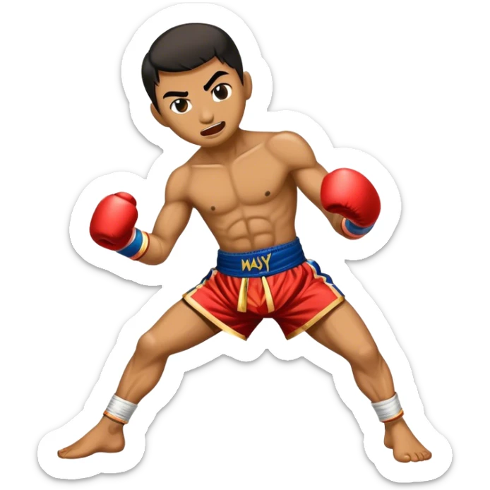Cinematic Realistic Muay Thai Pop Culture Emoji, depicted with an action-packed portrayal of traditional Thai boxing rendered with bold textures and energetic, dramatic lighting. sticker