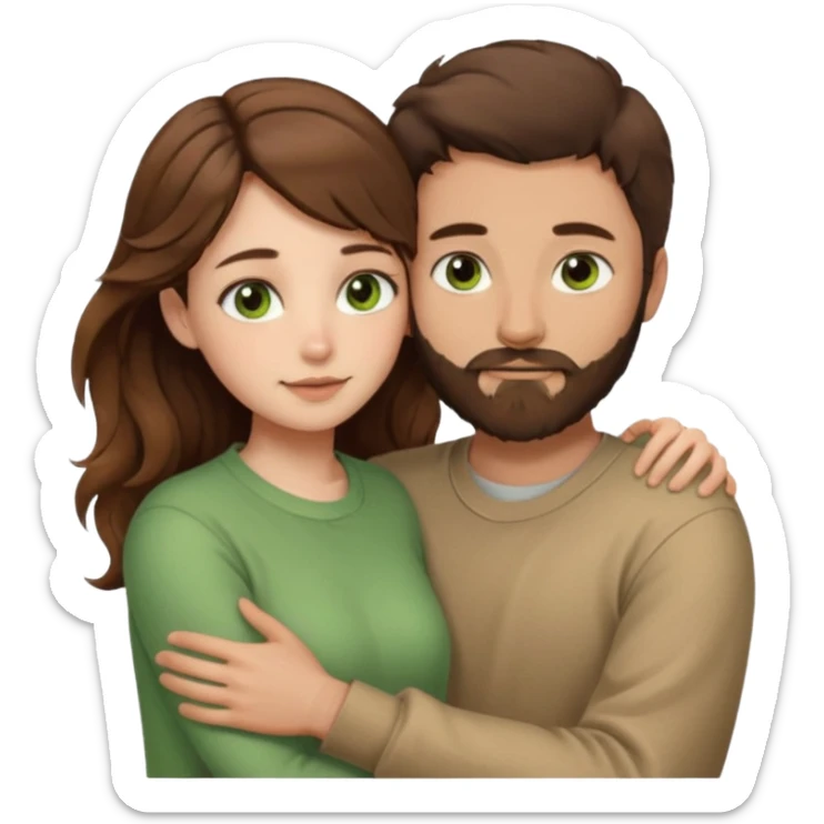 a man with short brown hair and brown beard with brown eyes and a girl with long brown wavy hair with green eyes, togheter. neutral clothes, hugged each other sticker