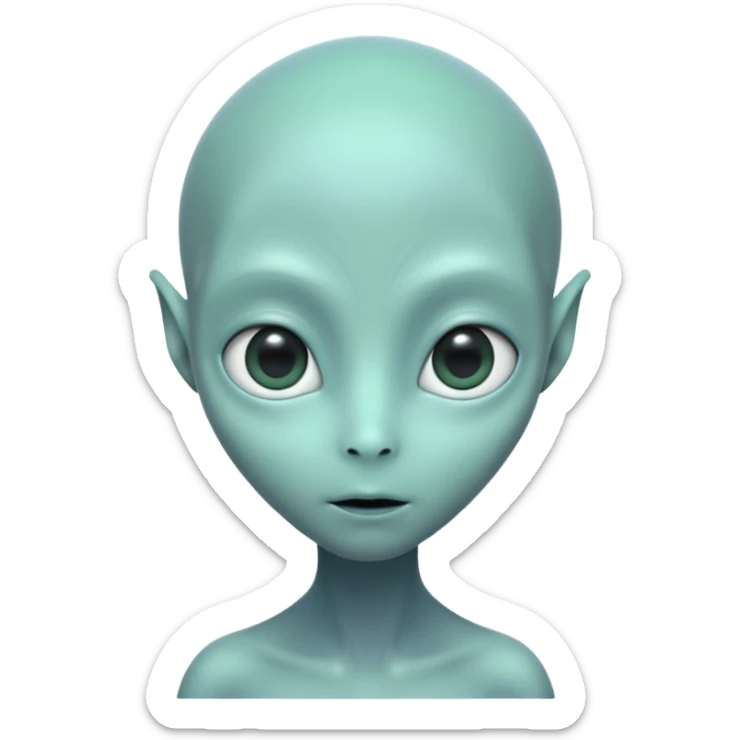 Portrait of an alien with smooth greenish-blue skin, large black oval eyes, small nose, and no visible ears, elongated head, front-facing, calm expression, soft glow, simple futuristic design sticker