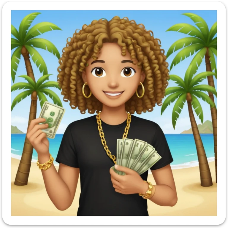 Happy mixed-race person with curly hair in black t-shirt and gold chain, holding money, palm tree beach background sticker