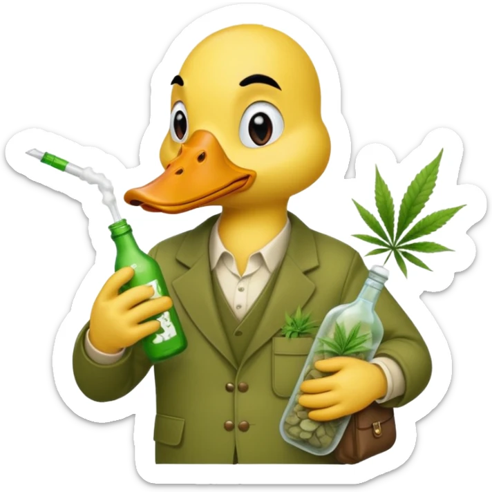 Drunk and high duck animal holding weed bottle and a bag of weed. Looking sloshed sticker