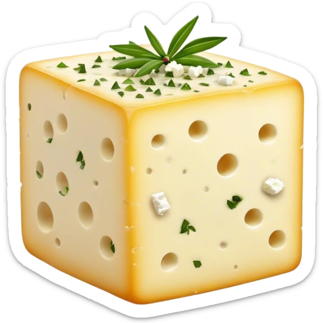 Cinematic Realistic Feta Cheese Dish Emoji, depicted as a block of crumbly, tangy cheese garnished with olive oil and herbs rendered with lifelike detail and soft natural lighting. sticker