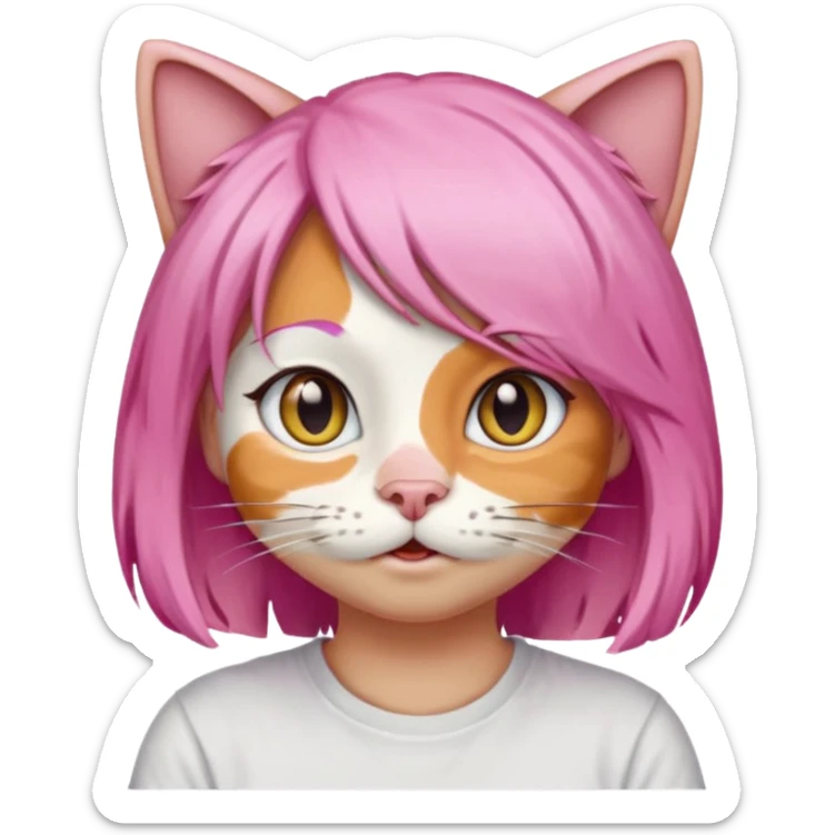 calico cat wear pink hair wig, white T-shirt sticker