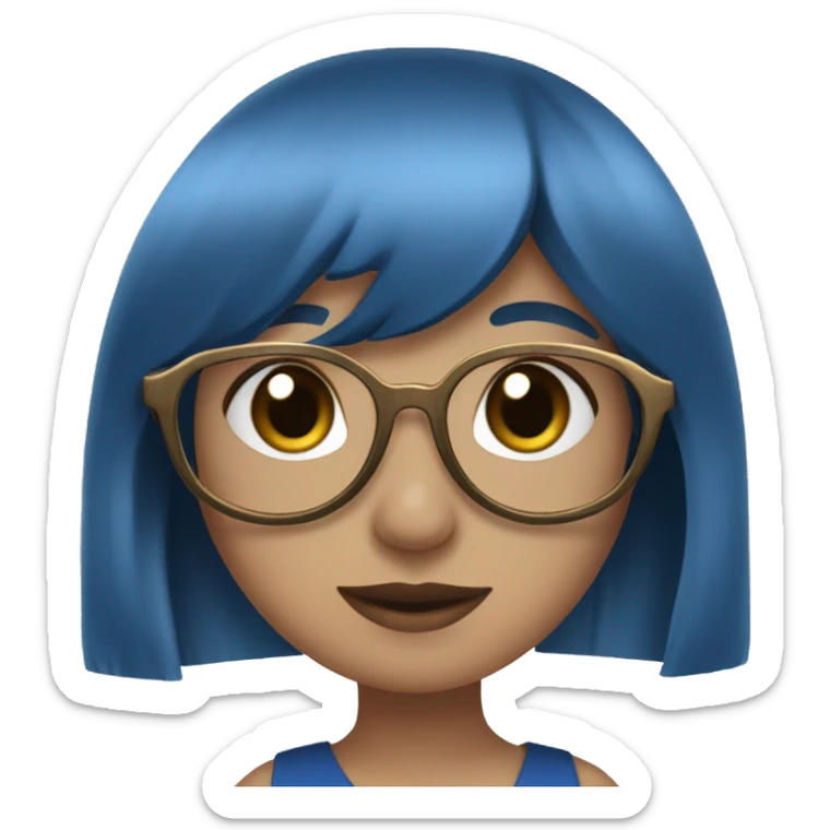 A girl with white glasses, a blue dress, a bronze dress, and a fringe, and blue and black hair sticker