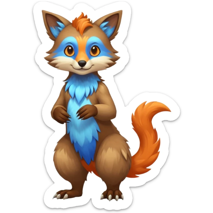 Colorful brown with blue and orange tropical exotic shiny beautiful fantasy-Vernid-Cacomistle-animal-Fakémon-hybrid-fursona (full body) sticker
