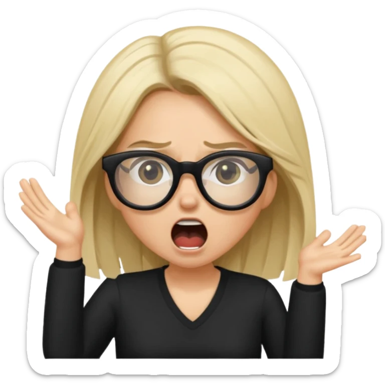 Young woman, wearing black clothes, brunette/blonde with loose hair, wearing white glasses, shouting bad words sticker