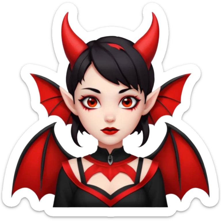 demon girl, skin red (no pale/blush), black hair, small horns, pointed ears, bat wing, black open-back dress, bold black outlines, red+black palette sticker