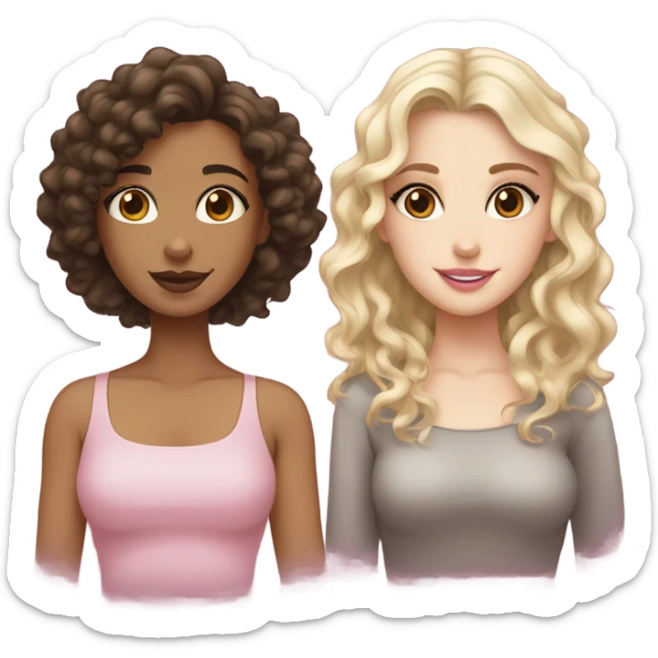 Two separate emojis, one a beige girl with wavy brunette hair and brown eyes, one a curly black brownish haired girl with pale skin and long lashes alongside big brown eyes and pink lips sticker