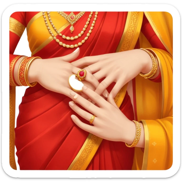 Two hands in a engagement..One hand of groom and one hand of bride. Bride hand - red/yellow saree. groom- light orange punjabi (oonly hands will be visible in the image). Groom's hand is holding a ring and bride's hand will be wearing the ring.*ONLY HANDS WILL BE VISIBLE IN THE IMAGE* sticker