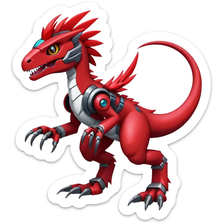 Dark-red Furry feather-mane Cool Edgy Futuristic shiny colorful Digimon-Fakemon-Guilmon-Velociraptor-Mecha full body   sticker