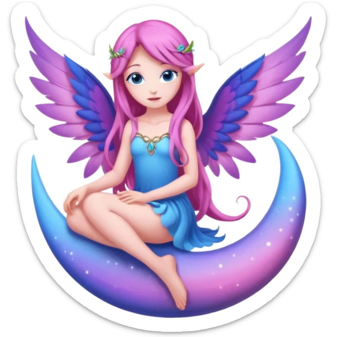 Beautiful, flower, fairy, pink, blue, purple, long hair, big wings with blue eyes sitting on a half moon sticker