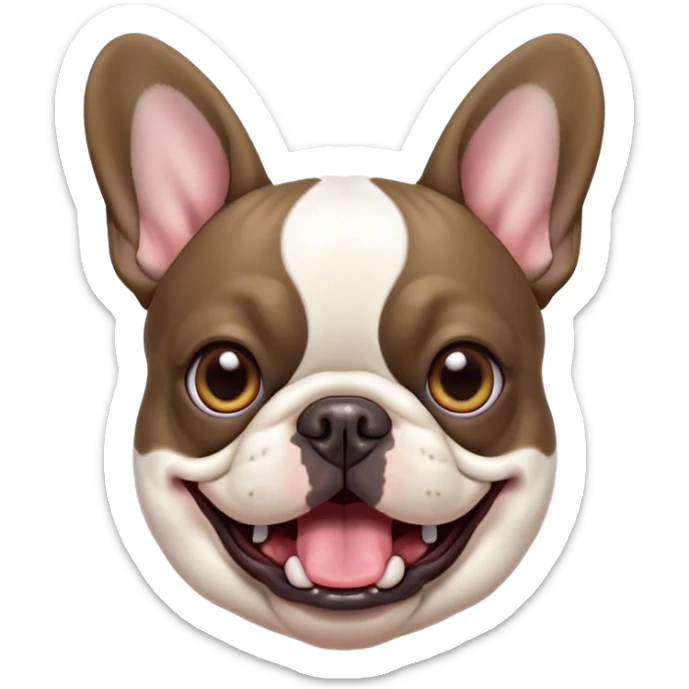 Cinematic Comical Pied French Bulldog Portrait Emoji, Head tilted with an exaggeratedly shocked, comical expression and wide, humorously expressive eyes, showcasing a distinctive pied fur of contrasting hues and a charmingly goofy face, simplified yet hilariously detailed, glowing with a sassy, playful radiance, high shine, exuding a mischievous and meme-worthy charm, styled with a soft glowing outline, capturing the essence of a Pied French Bulldog that looks ready to spark a viral laugh! sticker