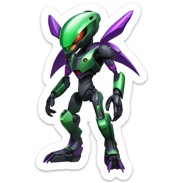 a shiny black-green-purple Genesect-Raptor-Fakémon-Medabot-hybrid with a futuristic visor-helmet full body sticker
